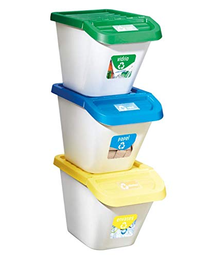 TIENDA EURASIA® Cubos de Basura de Reciclaje para Cocina Apilables - Pack de 3 Cubos de Reciclaje 30L - Sistema de Tapa Abatible y Extraible - Medidas: 34x35x46 cm