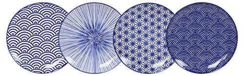 TOKYO design studio Nippon Blue - Juego de 4 platos azules y blancos, 20,6 cm de diámetro, 2,2 cm de alto, porcelana asiática, diseño japonés con patrones geométricos
