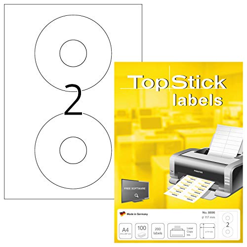 TopStick 8696 - Etiquetas autoadhesivas para CD y DVD A4 (Ø 117 mm, papel) 100 hojas, 2 etiquetas por hoja, 200 etiquetas, para impresoras inkjet y láser