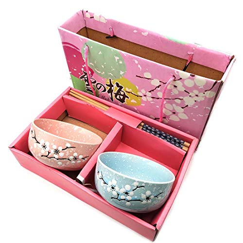 Vajilla para 2 personas de porcelana, 2 cuencos para sushi, juego de cuencos redondos con palillos chinos, vajilla de diseño japonés con caja de embalaje