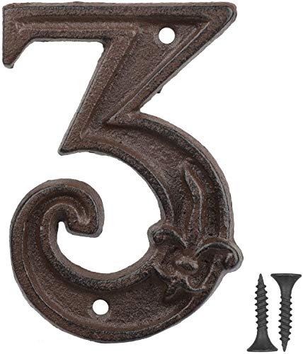 Vandicka Números de forja para indicar la numeración de las casas, puertas y calles, color marrón envejecido, acabado óxido con estampado de flor de lis, 12 cm, 3