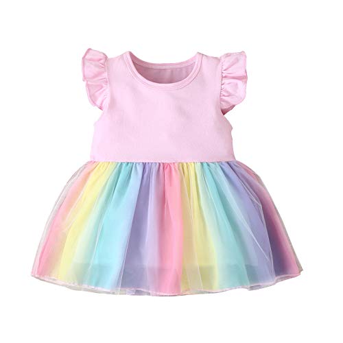 Vestido arcoíris para niña con Altura 72-160cm / 28.35"-62.99", Verano sin Mangas/Volantes de Manga Corta Vestidos de Princesa Falda de Hilo de Malla (Colorful E-Pink, 2-3 Años)