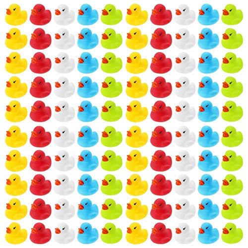 WELLGRO 100 patitos de goma (amarillo, rojo, blanco, azul, verde), cada pato mide 3,5 x 3 cm (diámetro x altura), patito de goma, en red