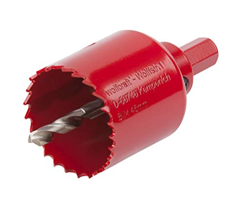 Wolfcraft 5470000 (L) sierras de corona BiM, completo con adaptador y broca piloto, profundidad de corte 40 mm PACK 1, diámetro 45 mm, rojo