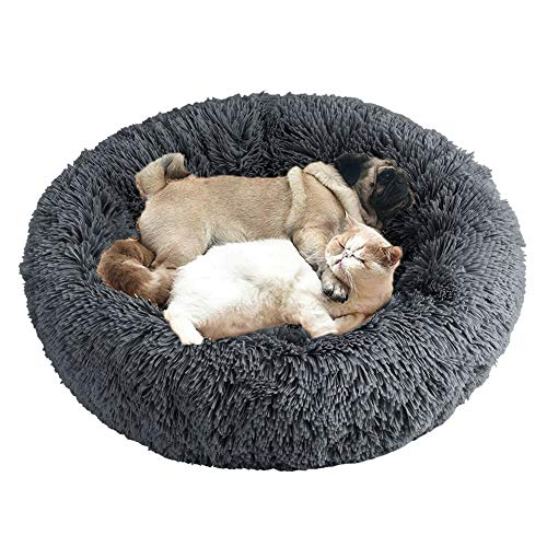 Wuudi Cama para mascotas, cama para perros y gatos con forma de Doughnut, cama para perros con peluche suave, tamaño mediano y grande, color gris oscuro, 70 cm