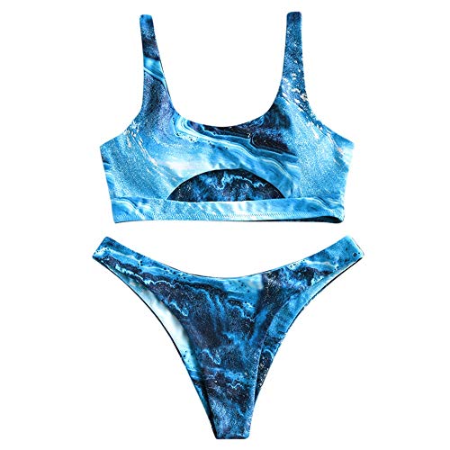 ZAFUL Conjunto de bikini de dos piezas, parte superior de bikini Bralette Wrap, chaleco hueco, cintura alta, parte inferior para mujer Lapis azul. S