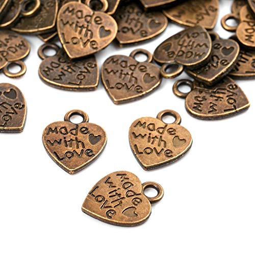 100 unidades de colgantes de corazón antiguos hechos a mano con amor, con botones de metal hechos a mano, hechos a mano, para fabricación de joyas, accesorios, manualidades y decoración.