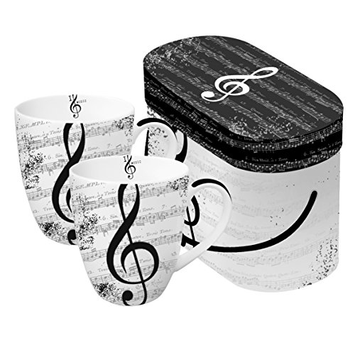 2 tazas de porcelana con diseño de clave de sol I Love Music en caja de regalo PPD 0,35 l, altura 10,8 cm, diámetro 9 cm
