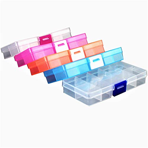 5 Pack Caja de Almacenamiento Transparente Caja Compartimentos de Plástico (10 Compartimentos) con Separadores Ajustables Organizador de Joyería Contenedor de Herramientas