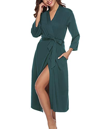Abollria Bata para Mujer Algodón con Escote en V Albornoz de Kimono de Mujer Ropa de Dormir con Cinturón (XL, Verde Oscuro)