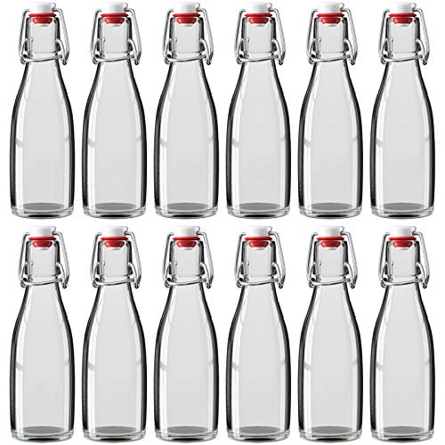 Botella de cristal de 200 ml con cierre de clip, 5,5 x 19 cm (diámetro x altura), botella de cristal transparente, cierre de cerámica, diferentes cantidades a elegir, 12 unidades