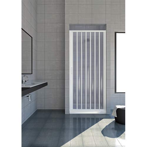 Cabina de ducha de 70 cm, modelo Jada extensible de PVC, puerta única con paneles semitransparentes, apertura lateral con fuelle de color blanco