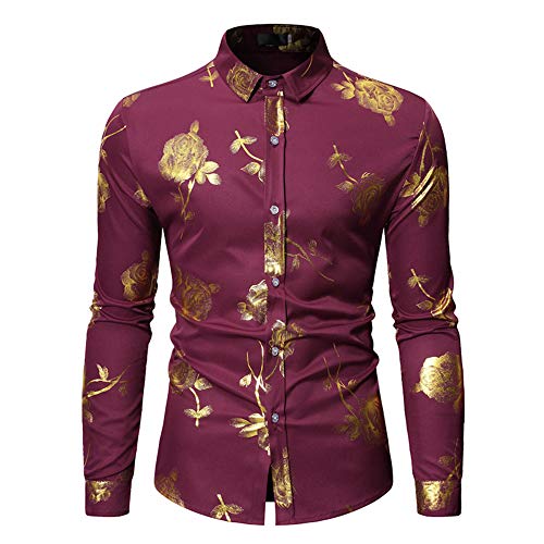 Camisa de hombre de poliéster bronce rosa patrón de flores solapa manga larga cárdigan hombre Tops 6 colores disponibles, rojo, XL