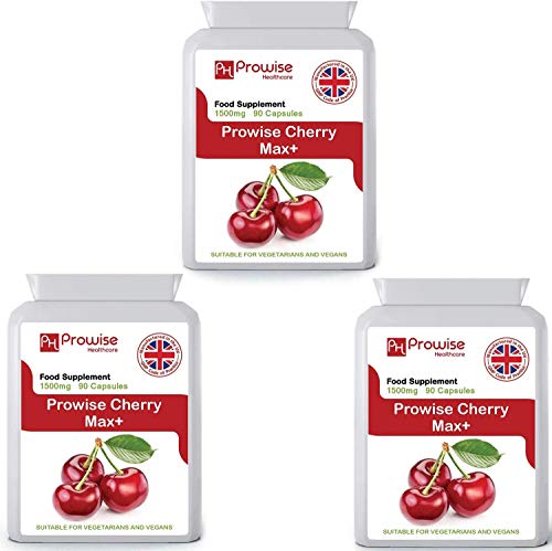 Cherry Max (paquete de 3) 750 mg 90 cápsulas - Cerezas Montmorency liofilizadas de alta resistencia - Fabricadas en el Reino Unido | Estándares GMP de Prowise Healthcare