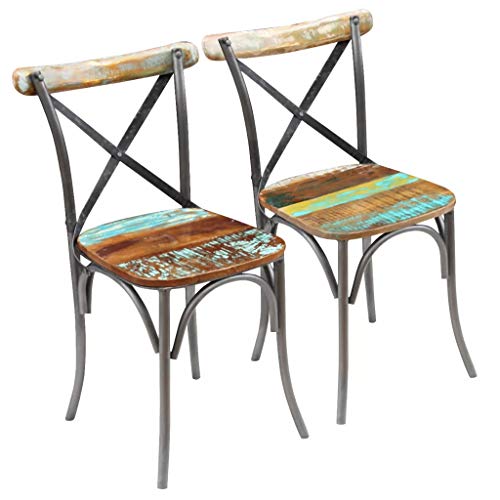 Cikonielf 2 sillas de comedor de madera maciza recuperadas de estilo antiguo con patas de metal, 51 x 52 x 84 cm, diseño del respaldo abierto y cruzado, totalmente hecho a mano