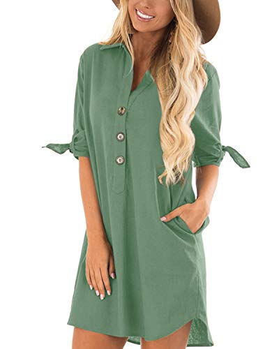 Cnfio - Blusa de verano para mujer, elegante, cuello de pico, manga larga, media manga, un solo color, diseño de camisa corta, minivestido de playa B-verde claro. XXL