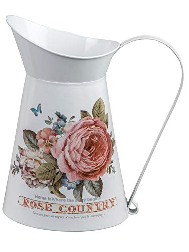 dekojohnson Jarra decorativa rústica con diseño de rosas, jarra de leche antigua, jarra de metal, jarra de leche estilo rústico, color blanco y rosa, 24 cm