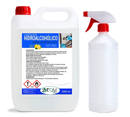 Desinfectante de superficies hidroalcohólico CON ESENCIA LIMÓN | Ecosoluciones Químicas ECO-902 | 5 litros | Uso profesional | Incluye pulverizador