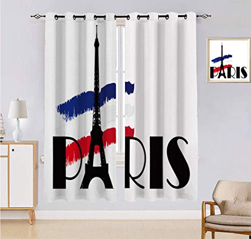Doodle - Cortina hecha a medida, diseño de la torre Eiffel y bandera de Francia, 2 paneles, cada panel de 152 cm de ancho x 222 cm de largo, color negro, azul marino, rojo