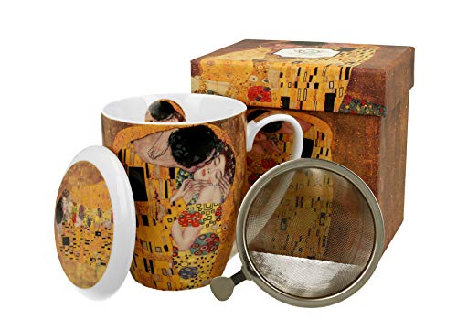 DUO Colección Art Gallery by Gustav Klimt The Kiss - taza de té con infusor y tapa de porcelana china en caja de regalo, taza con filtro