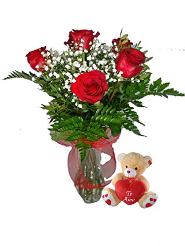 EL JARDÍ D´ESTHER-Ramo de 6 rosas rojas naturales con osito amor-FLORES FRESCAS- ENTREGA EN 24 HORAS