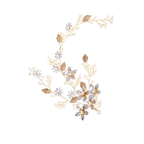 Elegante diadema de novia hecho a mano perlas hoja de la flor tocados nupciales Headwear accesorio de pelo para la decoración del pelo de la boda (dorado)