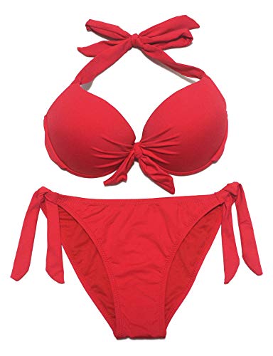 eonar Conjunto de Bikini para Mujer, Sujetador para El Cuello, Parte Superior De Bikini Push Up con Cintura Baja, Ajustable Trajes de baño (S,Red)