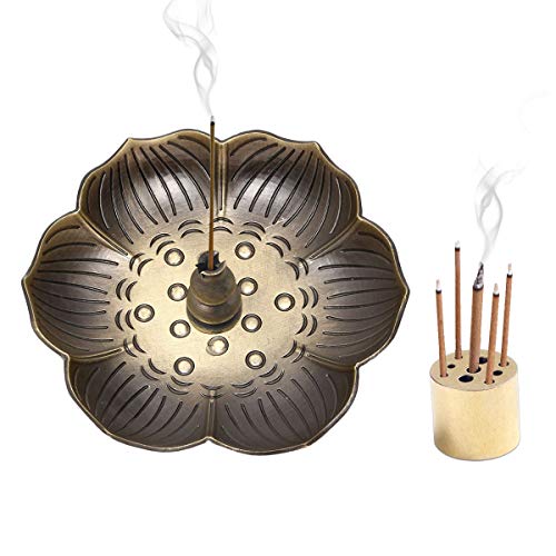 EQLEF Soporte para incienso de loto vintage, de incienso con 9 agujeros, de bronce