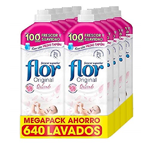 Flor Original Delicado, Suavizante para la Ropa concentrado, Apto para pieles sensibles - Pack De 8, Hasta 640 Dosis