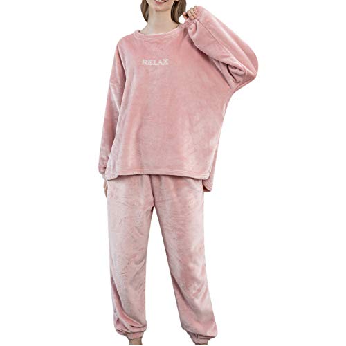 HAOTU Pijama Invierno Mujer Algodon Mangas Larga Pantalon Largo Conjunto,Juego Forro Polar Pijama 2 Pieza,Conjuntos De Parejas para Invierno Ropa con Bolsillos Ropa,Talla Grande