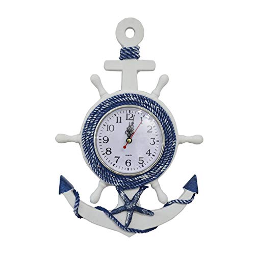 Hogar y Mas Reloj de Pared Ancla Madera Blanca, Decoración Marinera. Ancla Madera Pared Reloj Azul 33x22x2 cm