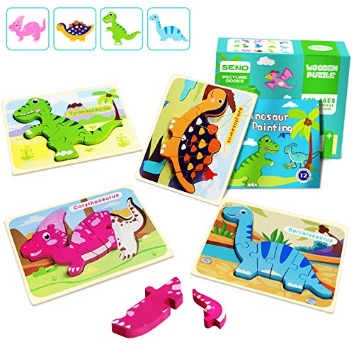 IMMEK Dinosaurios Puzzle de Madera Juguetes Bebes para Niños de 1 2 3 4 5 Años Montessori Educativos Regalos 3D Animales Patrón Puzles 4 Piezas con Libro Pintura de 12 Páginas, Multicolor