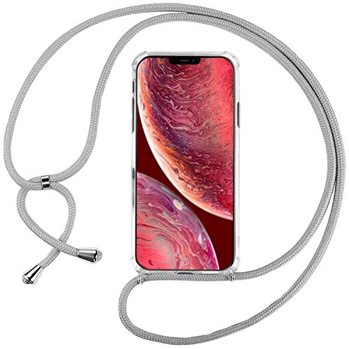 Ingen Funda para iPhone 12/ iPhone 12 Pro (6,1'') Pulgada - Ajustable Collar Correa de Cuello Cordón Transparente TPU Suave Silicona Case - Gris