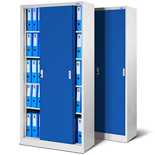 Jan Nowak by Domator24 - Juego de 2 armarios de Oficina SD001 con Puertas correderas, Chapa de Acero, estantes barnizados con Polvo bloqueable 185 cm x 90 cm x 40 cm (Gris/Azul), Metal