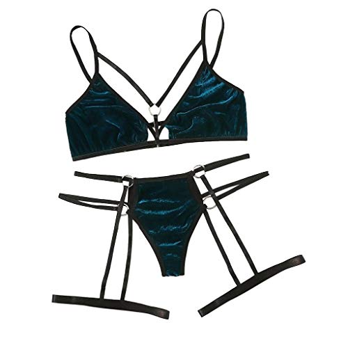 Janly Clearance Sale Conjunto de lencería sexy de terciopelo para mujer con liguero, sujetador inalámbrico S-XL (azul marino/mediano)