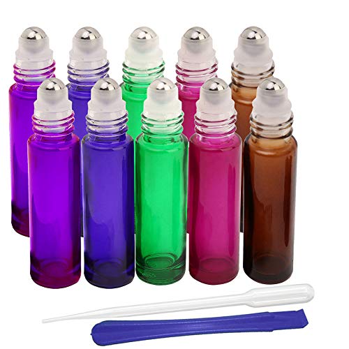 JHD - 10 botellas rellenables de cristal con bola para aceites esenciales, aromaterapia y fragancias, con abridor para las botellas y pipeta, ideal para uso doméstico y de viaje, 10 ml, 5 colores