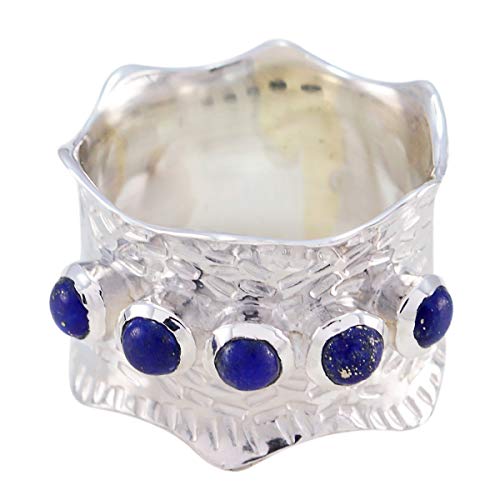 joyas plata bonita piedra preciosa forma redonda cinco piedras cabujón anillo de lapislázuli - anillo de lapislázuli azul de plata de ley 925 - libra de nacimiento de octubre