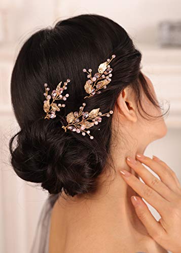 Kercisbeauty 3 unids oro hoja pelo pieza conjunto con rosa cristal boda nupcial Boho accesorios pelo peinado joyería colección