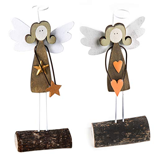 Logbuch-Verlag 2 Ángel de la guarda Figura pequeña con estrella + corazón de madera 15 cm Ángel de la guarda Decoración Navidad Madera Ángel