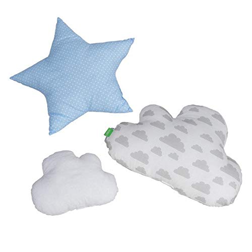 Lulando Juego de 3 Cojines Decorativos con diseño de Nubes y Estrellas, para habitación de los niños, con Relleno, Color Azul