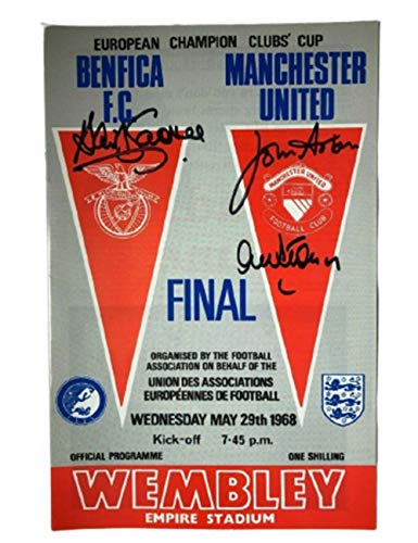 Manchester United - Programa final de la Copa de Europa de 1968 firmado a mano por Stepney, Sadler & Aston – Memorias del Manchester United Football Club Memorial Regalo de coleccionista