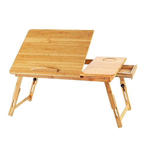 Mesa de cama de bambú plegable Escritorio para computadora portátil Mesa de trabajo ajustable en altura de 4 posiciones Mesa de almuerzo con cajón La placa de dibujo se adapta al dormitorio del hogar