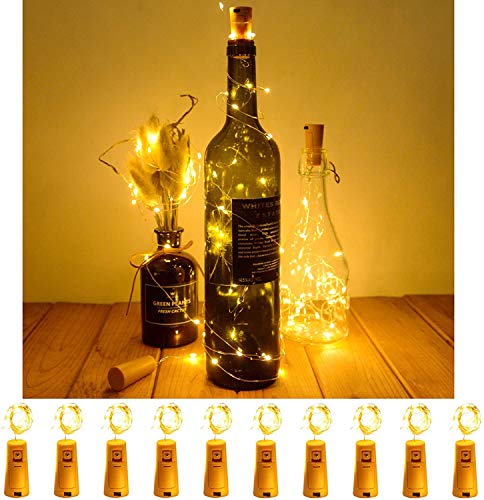 MIFIRE - Paquete de 10 luces de botella para botella de vino, luces LED de alambre de cobre con pilas para botellas de vino con corcho para interior, exterior, decoración de centro de mesa de fiesta
