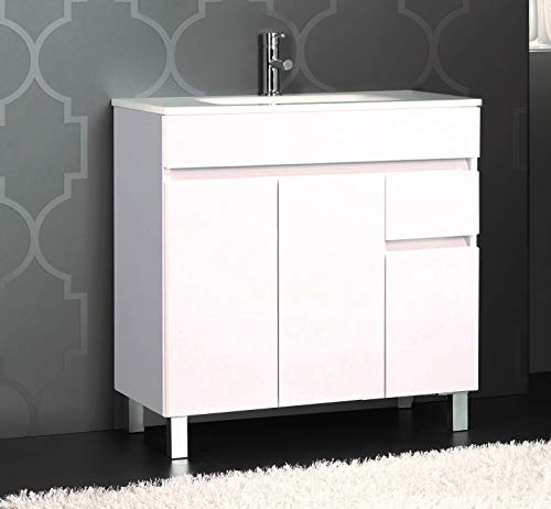 Mueble de baño con Lavabo de Porcelana - 3 Puertas y 1 Cajón amortiguado - El Mueble va MONTADO - Modelo Clif (100 cms, Blanco)
