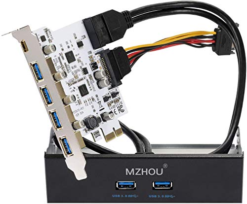 Mzhou Tarjeta PCIe USB 3.0 de 7 puertos, 5 puertos USB 3.0 y 2 tarjetas de expansión PCIe USB 3.0 traseras que incluyen bahía de expansión de panel frontal USB 3.0 de 3.5 '' y 2 cables de alimentación