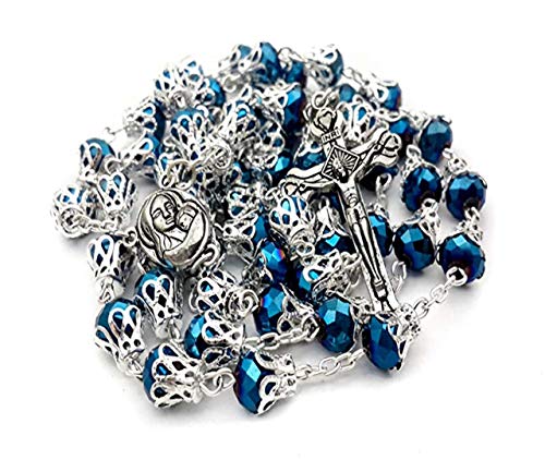 Nazaret Store Rosario Azul Profundo Collar católico Cuentas de Cristal con Tapas de Metal Medalla del Suelo Sagrado de Jerusalén - Bolsa de Terciopelo