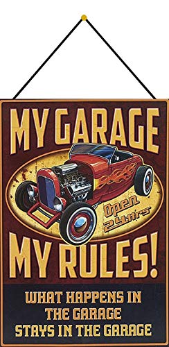 NWFS Auto My Garage My Rules hot Rod Cartel de chapa metálica metálica encorvada 20 x 30 cm con cordón