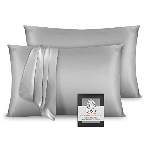 OLESILK Funda de almohada 100% seda de morera con cremallera oculta para cabello y piel, ambos lados 19 mm, caja de regalo Charmeuse, 2 unidades, color gris plateado, 50 x 75 cm