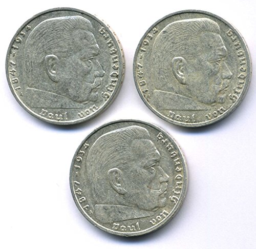 orig. Moneda de Plata Lot – 3 x 2 Reich Mark 1937/1938/1939 – III Reich – Paul de hinden Burg – Moneda