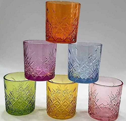 Pagano Home - 6 vasos para agua/wisky, colores surtidos, de cristal, capacidad de 340 ml (rojo, transparente, lila, verde, naranja celeste)